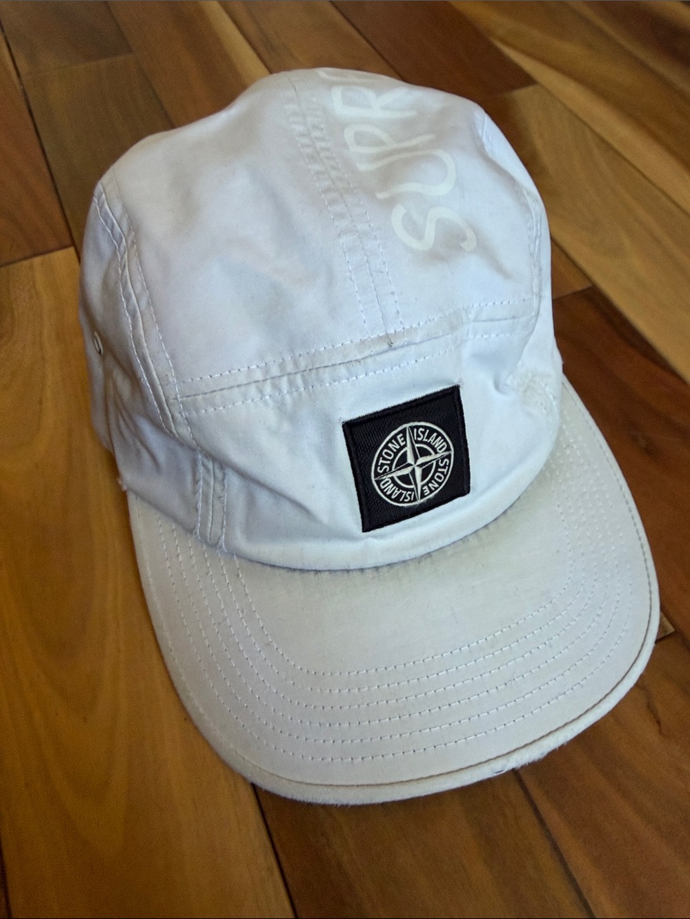 Stone Island x supreme White Cap with Black Logo Patch